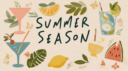 Summer season text with tropical leaves, citrus fruits, watermelon, and refreshing cocktails in pastel colors, evoking relaxed summer vibeの素材