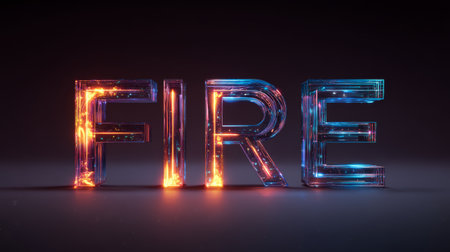 Fire word glowing with bright orange and blue light effects on dark background, futuristic and vibrant digital typography designの素材