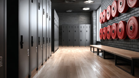 Metal locker wooden floor bench fire hose reel brick wall window industrial ceiling locker room safety equipment interior designの素材