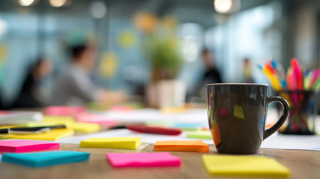 Colorful sticky notes and black coffee mug on wooden table in bright office with blurred people working in backgroundの素材