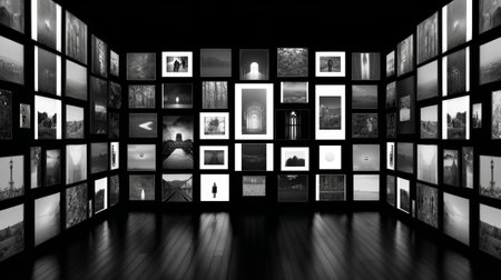 Black and white photo gallery with multiple framed pictures on dark walls and reflective wooden floor, creating dramatic and artistic atmosphereの素材