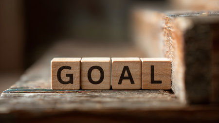 Goal word spelled with wooden blocks on rustic wooden surface with blurred backgroundの素材