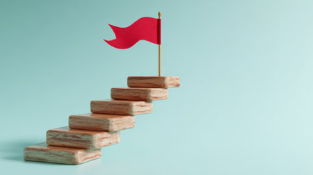 Wooden step blocks with red flag on top symbolize achievement and success in minimalistic setting with soft blue backgroundの素材