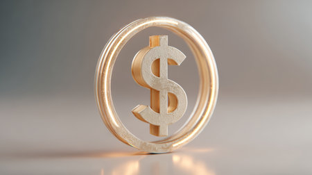 Golden dollar symbol inside circular frame with soft light and blurred background, representing wealth and financial successの素材