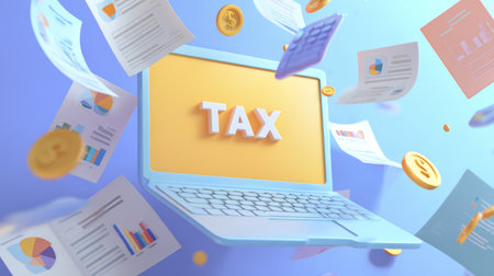 Tax laptop financial document coin calculator business concept with flying paper and currency symbol in blue backgroundの素材