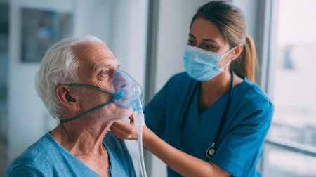 Elderly man receiving oxygen therapy from female nurse wearing medical mask and blue scrubs in hospital roomの素材