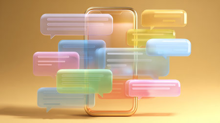 Colorful chat bubble smartphone communication digital message social media technology transparent modern interface mobileの素材