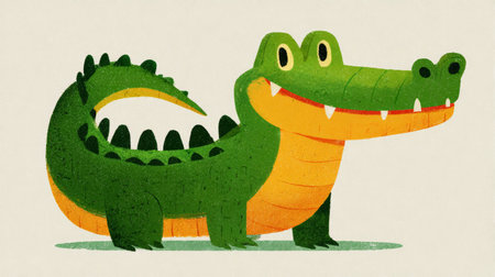 Cartoon crocodile with green body and orange belly smiling with visible teeth on light backgroundの素材