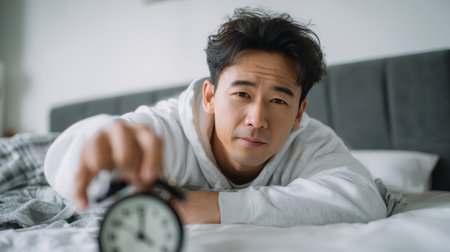 Man lying on bed reaching for alarm clock, tired expression, casual clothing, bedroom interior, morning light, waking upの素材