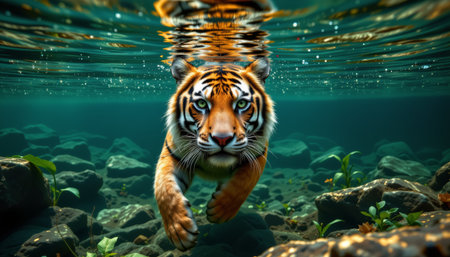 Tiger swimming underwater with intense focused expression in clear river with rocks and plantsの素材