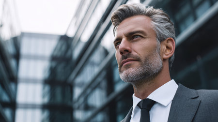 Confident mature businessman with gray hair and beard wearing suit and tie standing outdoors near modern glass buildingの素材