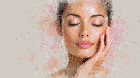 Young woman with closed eyes touching face, soft skin and calm expression with watercolor splash effectの素材