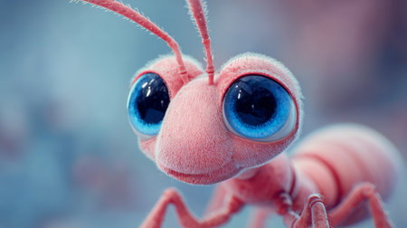 Cute pink ant with big blue eyes close up, soft texture and friendly expression in blurred natural backgroundの素材
