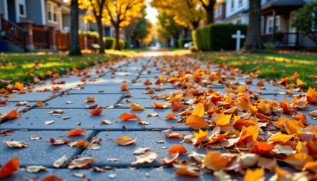 Piled autumn leaves scattered on suburban sidewalk with warm sunlight and colorful trees creating peaceful fall atmosphereの素材