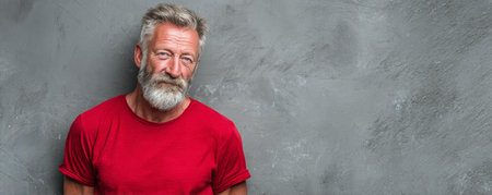 Older man with gray hair and beard wearing red t shirt standing against textured gray wall with calm expressionの素材