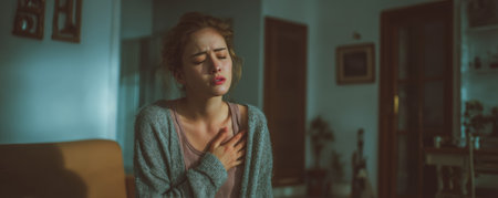 Young woman holding chest with pain expression in dimly lit room, feeling discomfort and distressの素材
