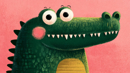 Cute cartoon crocodile with big eyes and pink cheeks smiling on pink background, playful and friendly animal illustrationの素材