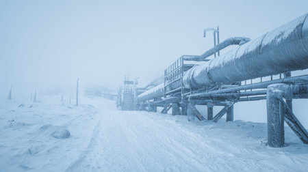 Frozen pipeline covered with snow and ice in cold winter landscape with fog and icy roadの素材