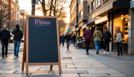Menu board on city sidewalk with people walking by during sunset, creating lively urban atmosphere and warm light glowの素材