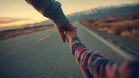 Holding hands on empty road at sunset with mountains in background, evoking warmth and connection in peaceful outdoor settingの素材