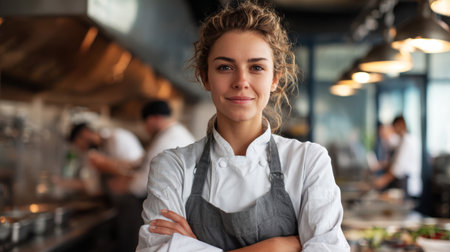 Young woman chef in apron and white uniform standing confidently with arms crossed in busy restaurant kitchen with blurred backgroundの素材