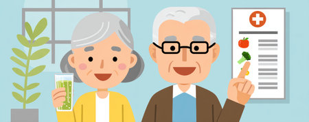 Elderly couple smiling with healthy drink and nutrition chart in bright room, promoting wellness and happy lifestyleの素材