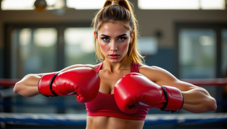 Confident female boxer wearing red gloves and sports bra training in boxing ring with focused expression and athletic buildの素材