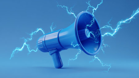 Blue megaphone with electric lightning effect, symbolizing powerful communication and energetic announcement in vibrant blue backgroundの素材