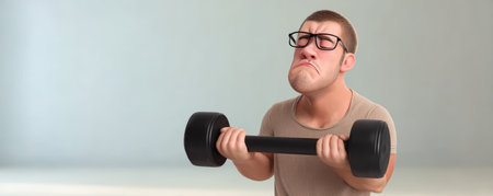 Man lifting dumbbell with effort, wearing glasses and beige shirt, isolated on light background showing determination and strengthの素材