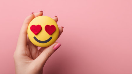 Love emoji face with heart eyes held by hand with pink nail polish on pink background, expressing affection and happinessの素材