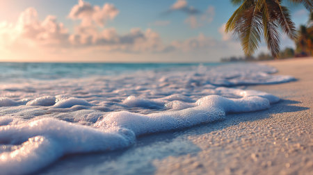 Soft ocean foam gently washes up on sandy beach under palm tree with warm sunlight and blue sky cloudsの素材