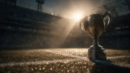 Golden trophy cup on grass field with sunlight shining in stadium, symbolizing victory and achievement in sportsの素材