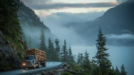 Logging truck on mountain road with foggy forest and lake landscape at dawnの素材