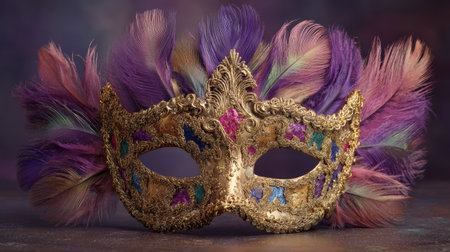 Venetian carnival mask with gold decoration and colorful purple feathers, elegant festive accessory for masquerade party or celebration eventの素材