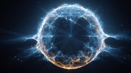 Glowing digital sphere with interconnected light lines and particles creating futuristic and dynamic energy effect in dark spaceの素材
