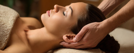 Relaxed woman receiving head massage in spa therapy for wellness and stress reliefの素材