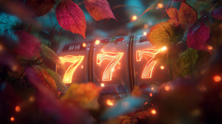 Lucky slot machine showing triple seven surrounded by colorful autumn leaves and glowing light effects in mystical atmosphereの素材