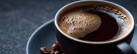 Fresh hot coffee in black cup with foam on top and coffee beans on dark plate, creating warm and inviting atmosphereの素材