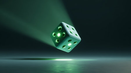 Glowing green dice floating above reflective surface with dark background creating mysterious and futuristic atmosphereの素材