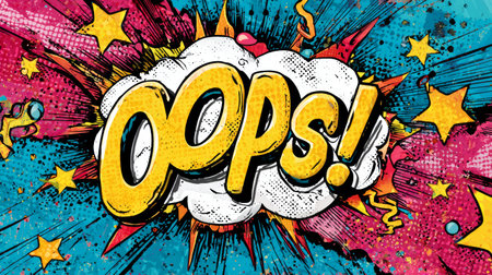 Oops comic text with colorful explosion background and stars in pop art style, vibrant and dynamic expression of surprise or mistakeの素材