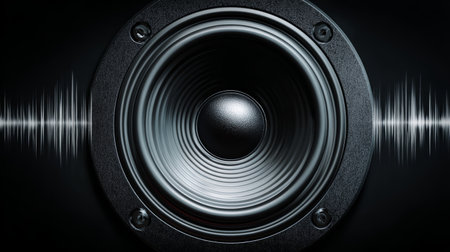 Loudspeaker cone close up with sound wave graphic on black background, representing audio technology and powerful sound experienceの素材
