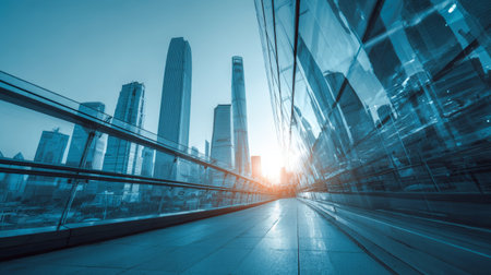 Modern city skyline with glass skyscraper reflections and sun flare creating dynamic urban atmosphere at sunsetの素材