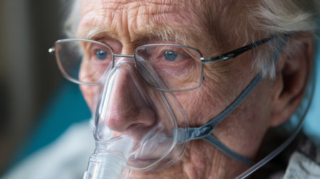 Elderly man with oxygen mask and glasses, close up of face showing wrinkles and blue eyes, medical care and health concernの素材