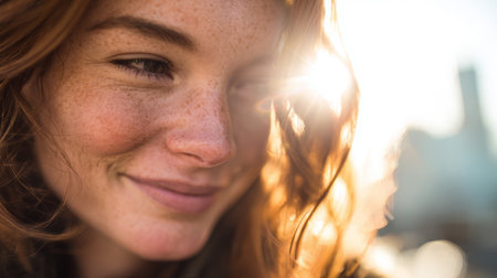 Young woman smiling with freckles and red hair in warm sunlight, expressing happiness and natural beauty outdoorsの素材