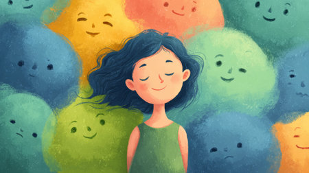 Peaceful girl with closed eyes surrounded by colorful smiling and sad cloud faces expressing various emotions in soft artistic styleの素材