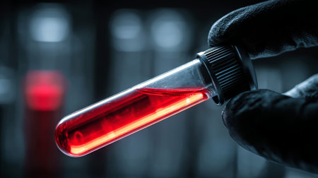 Test tube blood sample laboratory gloved hand medical research red liquid close up science healthcare experimentの素材