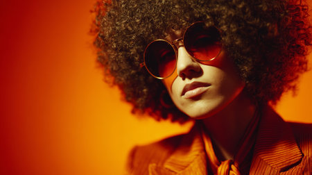 Afro hairstyle woman wearing round sunglasses and orange striped suit jacket posing confidently with warm orange backgroundの素材