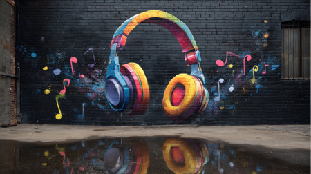 Colorful headphones graffiti on brick wall with music notes and reflection in water on ground, vibrant urban street art expressing lively soundの素材