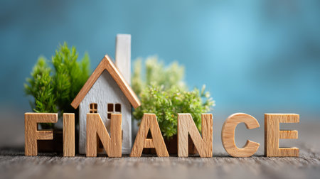 Wooden letters spelling finance with small house and green plants in background, symbolizing home investment and financial growthの素材