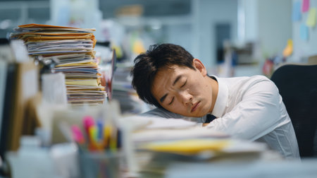 Tired man sleeping at office desk with stack of paperwork and blurred stationery in foregroundの素材